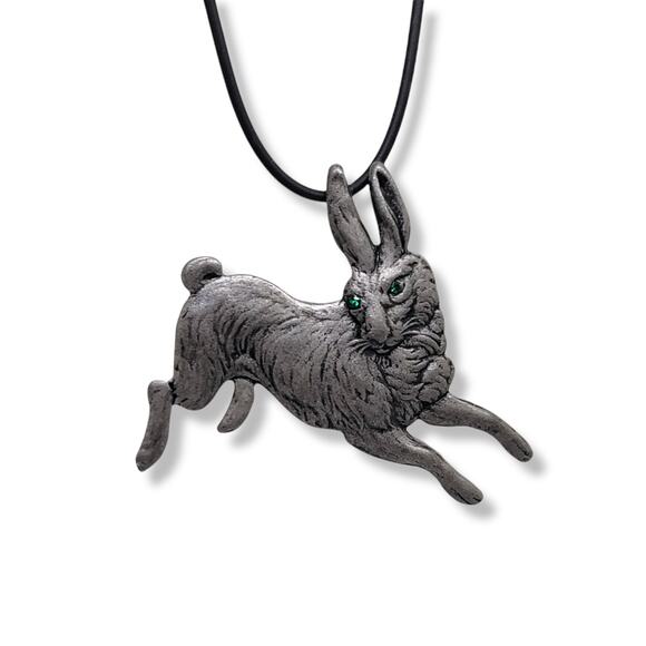 Antiqued Pewter Crystal Green Eyed Hare Bunny Brooch Pin Pendant - Picture 2 of 4